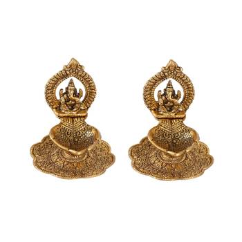 Ganesh Diya Pair in Metal with Swastik engraved in Hand Golden Finish 1