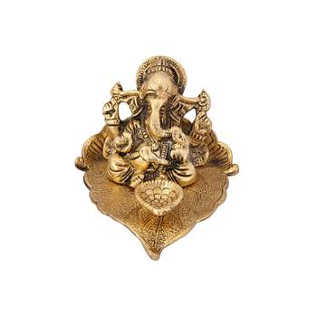 Diya pipal leaf shape with Ganesha antique gold plated 1