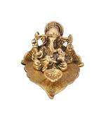 Diya pipal leaf shape with Ganesha antique gold plated