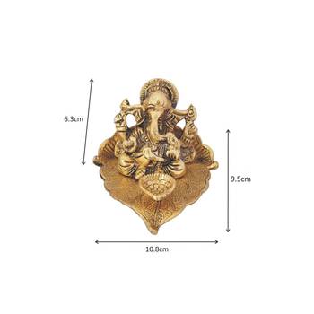 Diya pipal leaf shape with Ganesha antique gold plated 2