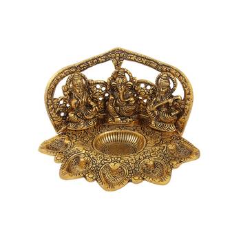 Lakshmi Ganesh Saraswati seated with mehrab antique gold plated with 5 diyas 1