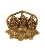 Lakshmi Ganesh Saraswati seated with mehrab antique gold plated with 5 diyas