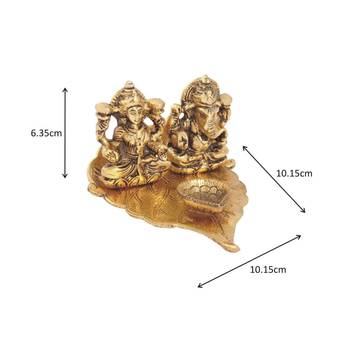 Lakshmi Ganesh diya on pipal leaf with diya antique gold plated 2