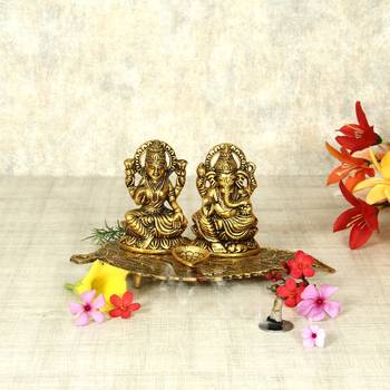 Handicrafts Paradise Laxmi Ganesh  on Leaf  with Diya - Lord Ganesha Metal Hand Craved for Home Decorative Gift Puja 1