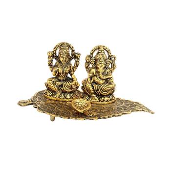 Handicrafts Paradise Laxmi Ganesh  on Leaf  with Diya - Lord Ganesha Metal Hand Craved for Home Decorative Gift Puja 2