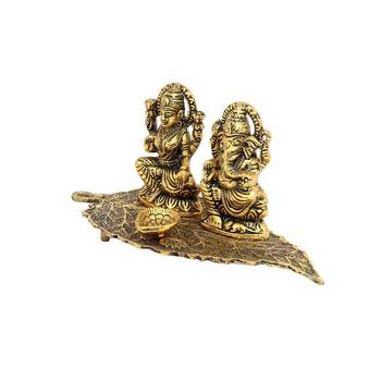 Handicrafts Paradise Laxmi Ganesh  on Leaf  with Diya - Lord Ganesha Metal Hand Craved for Home Decorative Gift Puja 3