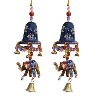 Door Hanging Blue Painted Bell With Jhalar Golden Elephant With Metal Bell Set of 2 1