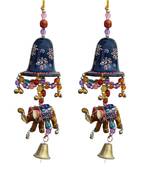 Door Hanging Blue Painted Bell With Jhalar Golden Elephant With Metal Bell Set of 2