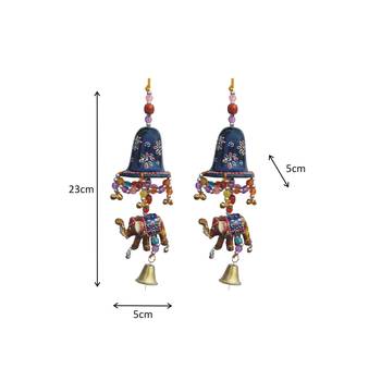 Door Hanging Blue Painted Bell With Jhalar Golden Elephant With Metal Bell Set of 2 2