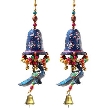 Door Hanging Blue Painted Bell With Jhalar Blue Peacock With Metal Bell Set of 2 1