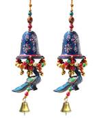 Door Hanging Blue Painted Bell With Jhalar Blue Peacock With Metal Bell Set of 2