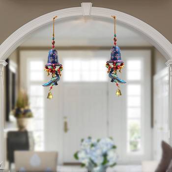 Door Hanging Blue Painted Bell With Jhalar Blue Peacock With Metal Bell Set of 2 2