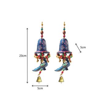 Door Hanging Blue Painted Bell With Jhalar Blue Peacock With Metal Bell Set of 2 3