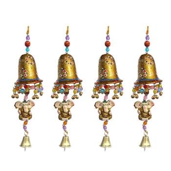 Door Hanging Golden Painted Bell With Jhalar Golden Ganesha With Metal Bell Set of 4 1