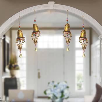 Door Hanging Golden Painted Bell With Jhalar Golden Ganesha With Metal Bell Set of 4 2