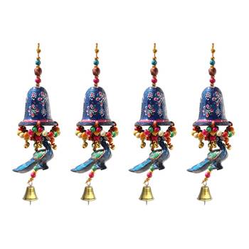 Door Hanging Blue Painted Bell With Jhalar Blue Peacock With Metal Bell Set of 4 1