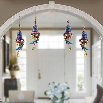 Door Hanging Blue Painted Bell With Jhalar Blue Peacock With Metal Bell Set of 4 2