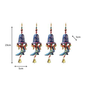 Door Hanging Blue Painted Bell With Jhalar Blue Peacock With Metal Bell Set of 4 3