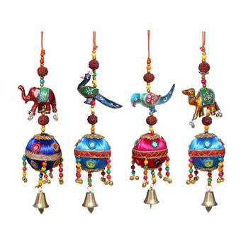 Door Hanging set of 4 pc elephant , Peacock , Parrot and Camel with decorative thread ball 1