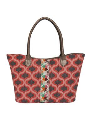Tarusa red cotton material geometric tote bag for women's 1