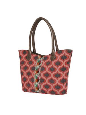 Tarusa red cotton material geometric tote bag for women's 3