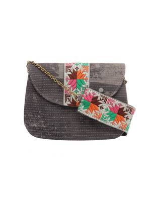 Tarusa slate grey cotton printed sling bag for women 1