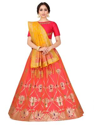 Coral Zari Woven Polyester Semi Stitched Lehenga 1