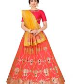 Coral Zari Woven Polyester Semi Stitched Lehenga