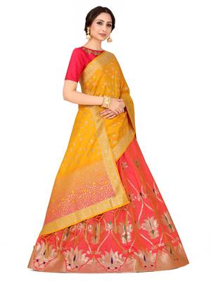 Coral Zari Woven Polyester Semi Stitched Lehenga 2