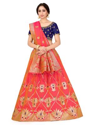 Coral Zari Woven Polyester Semi Stitched Lehenga 1