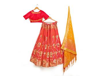 Coral Zari Woven Polyester Semi Stitched Lehenga 3