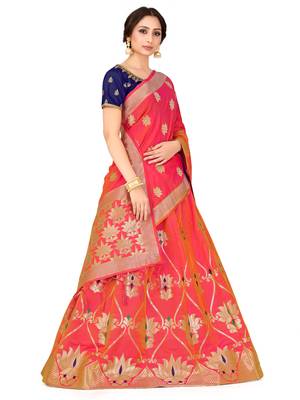 Coral Zari Woven Polyester Semi Stitched Lehenga 2