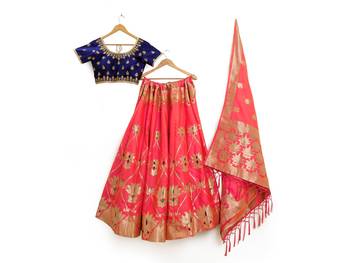 Coral Zari Woven Polyester Semi Stitched Lehenga 3