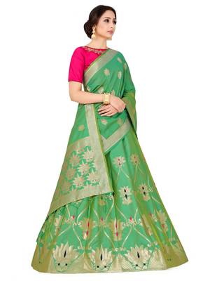 Green Zari Woven Polyester Semi Stitched Lehenga 2
