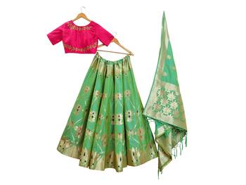 Green Zari Woven Polyester Semi Stitched Lehenga 3