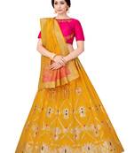 Gold Zari Woven Polyester Semi Stitched Lehenga
