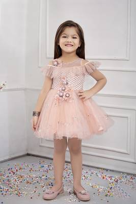 pink embroidered net kids girl gowns 1