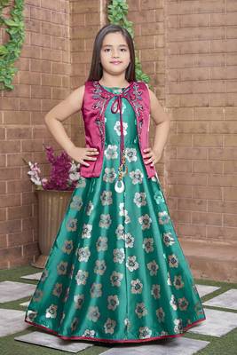 green embroidered jaquard kids girl gowns 1