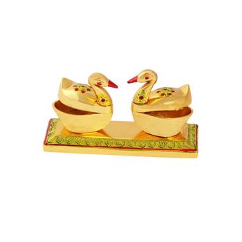 Roli tikka haldi kumkum double holder in metal swan shaped with enamel 1