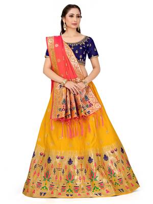 Gold Zari Woven Polyester Semi Stitched Lehenga 1