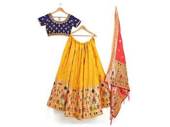 Gold Zari Woven Polyester Semi Stitched Lehenga 3