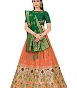 Peach Zari Woven Polyester Semi Stitched Lehenga