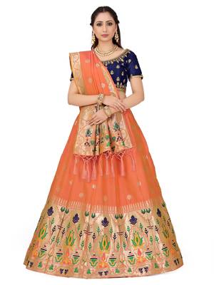 Peach Zari Woven Polyester Semi Stitched Lehenga 1