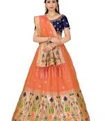 Peach Zari Woven Polyester Semi Stitched Lehenga