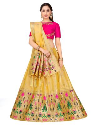 Beige Zari Woven Polyester Semi Stitched Lehenga 1