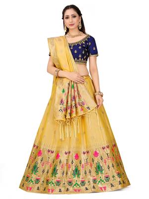 Beige Zari Woven Polyester Semi Stitched Lehenga 1