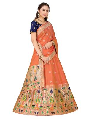 Peach Zari Woven Polyester Semi Stitched Lehenga 2
