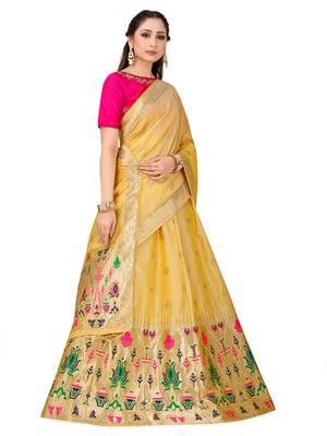 Beige Zari Woven Polyester Semi Stitched Lehenga 2