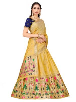 Beige Zari Woven Polyester Semi Stitched Lehenga 2