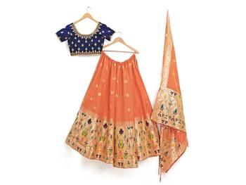 Peach Zari Woven Polyester Semi Stitched Lehenga 3